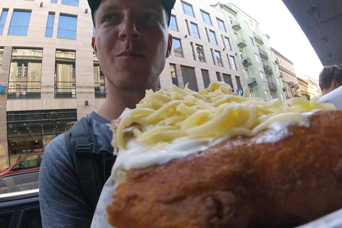 Taste Budapest - Fat Boy Foodies Walk - Hunyadi Ter food stop: lángos, sausages, rétes, and chimney cake